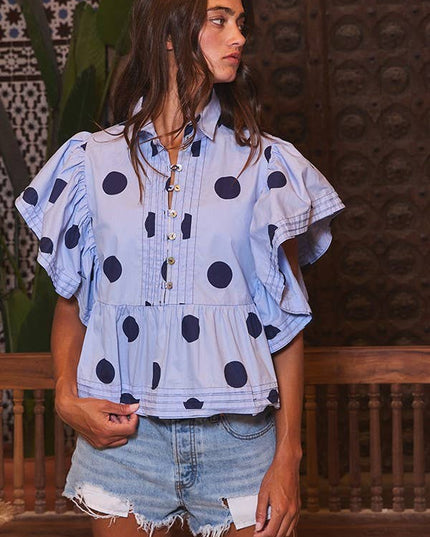 IT2337 Ruffle Sleeves Pintuck Detail Polka Dot Print top