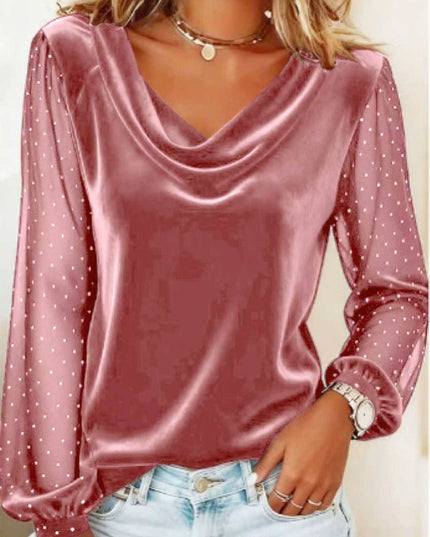 Solid Color V-neck Mesh Long Sleeved Top