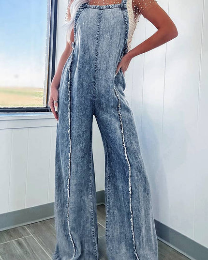 Washed Raw Hem One Piece Wide Leg Jumpsuit Overall YYNZ020