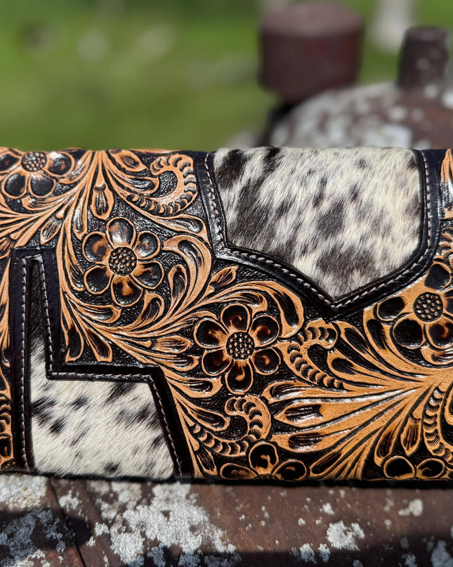 Genuine Western Cowhide Leather Purse or Clutch with cowhide and tooled details a Double B Wild Rags Exclusive