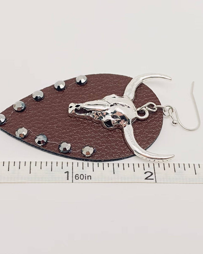 Western Style Metal Bull Head Pendant Leather Earrings