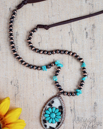 Western Gal Leopard Teardrop Necklace with Bronze and Turquoise