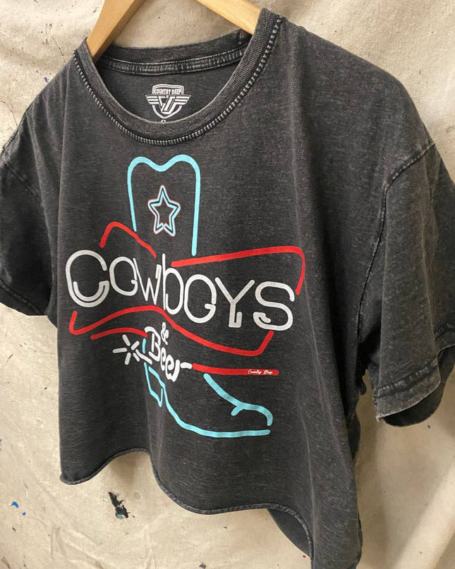 Cowboys & Beer Neon Boot Relaxed Cropped Acid wash T-shirt
