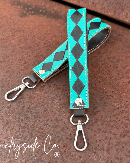 Turquoise Checkered Leather Keychain Wristlet