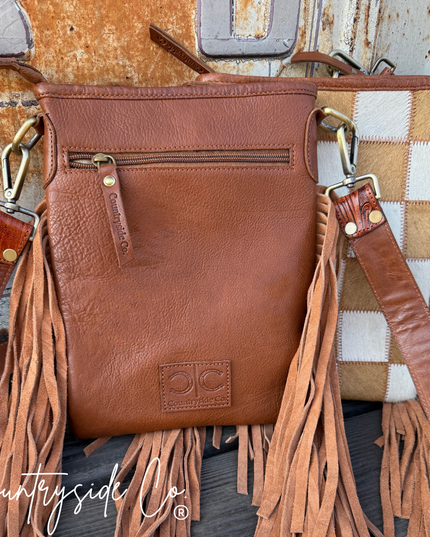 Stockdale Checkered Cowhide Fringe Purse, Brown & White