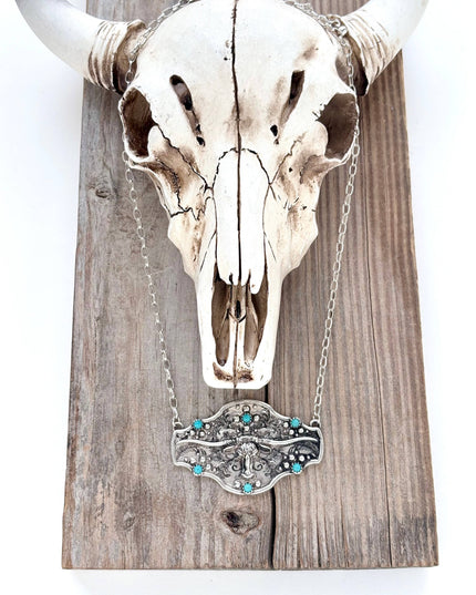 Western Style Longhorn Turquoise Stone Pendant Necklace