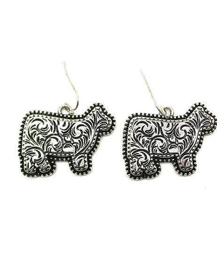 Western Etched Cow Dangle Earrings