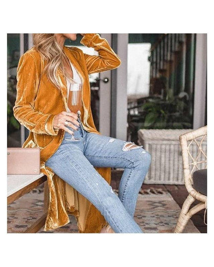 Loose Velvet Long Cardigan Coat With Elasticity