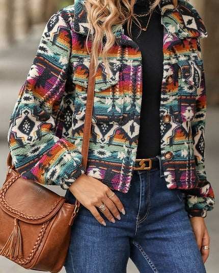 Western Aztec Pattern Button Up Fleece Crop Jacket