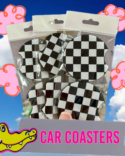 Checkered black and white car coasters