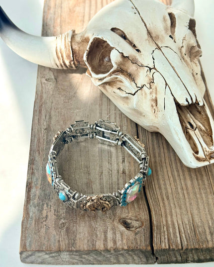 Western Style Turquoise Stone Rhinestone Stretch Bracelet