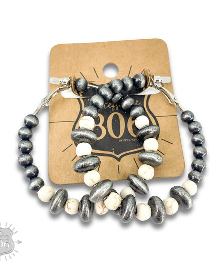 Silver and stone bead hoop earring, last call