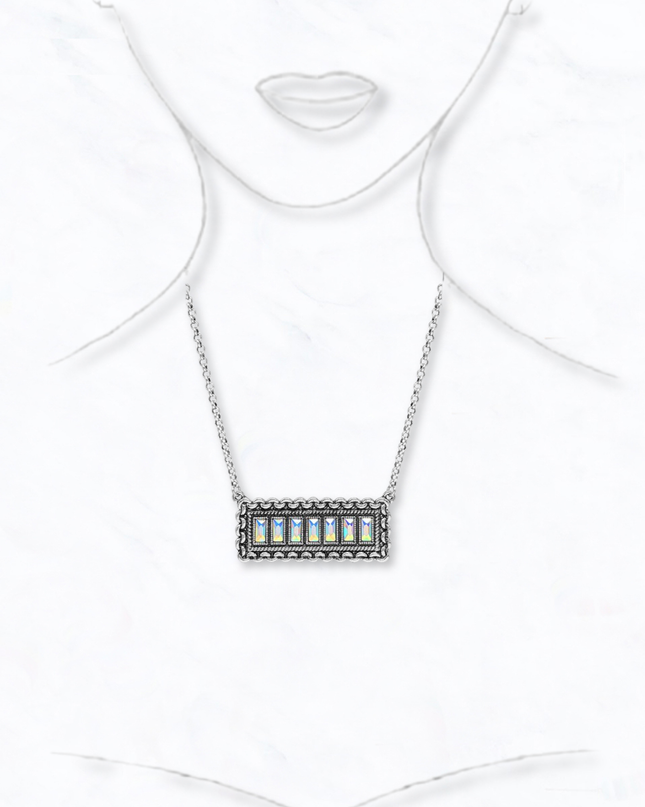 Silver Tone Stone Rectangle Inlay Bar Necklace
