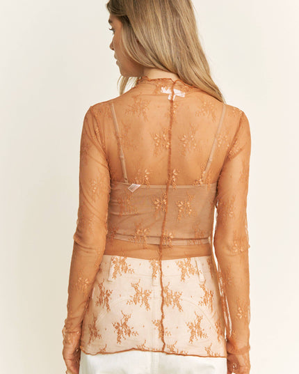 MESH LACE HIGH NECK DESIGN LONG SLEEVE FITTED TOP