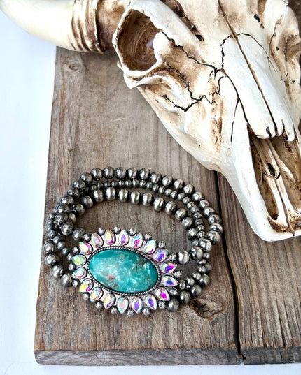 3 Layered Navajo Pearl Stretch Bracelet w/ Turquoise Stone