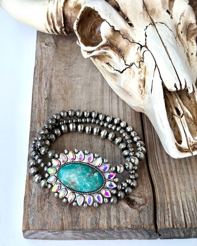 3 Layered Navajo Pearl Stretch Bracelet w/ Turquoise Stone