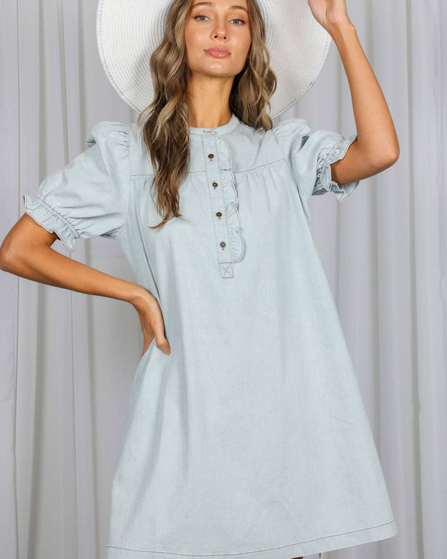 Ruffled Button Placket Accent 100%Cotton Knee Dress VD60753A