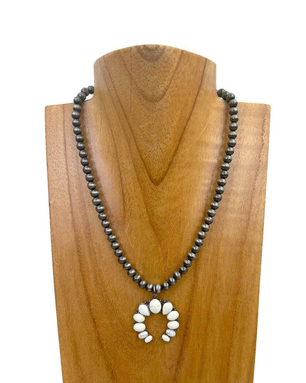 NKY241010-02-BLUE                16'' Silver Navajo pearl Beads with blue turquoise stone squash blassom pendant Necklace