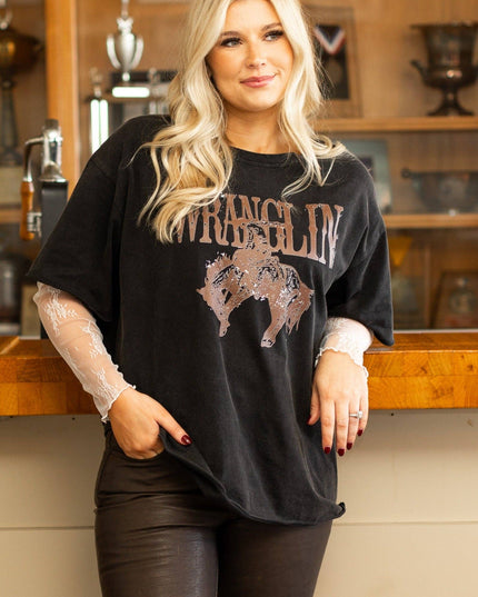 Wranglin' on Black Tee