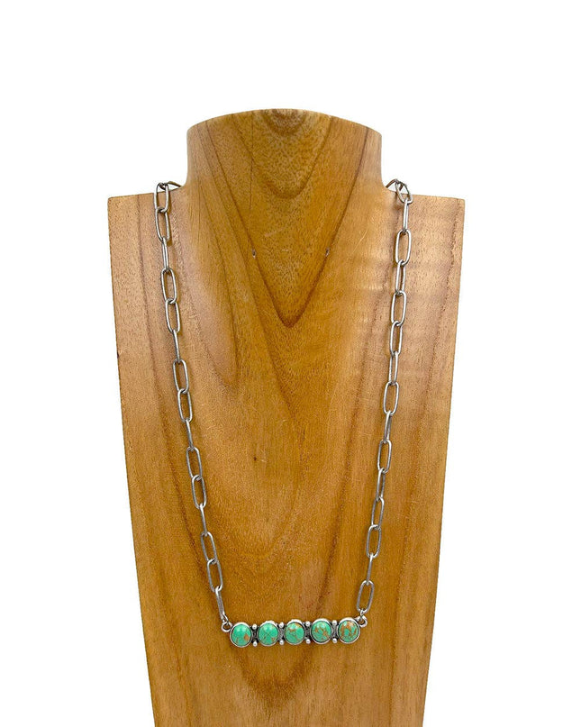 NKY241130-01-BLACK                      Silver metal chain with green turquoise stone bar Necklace