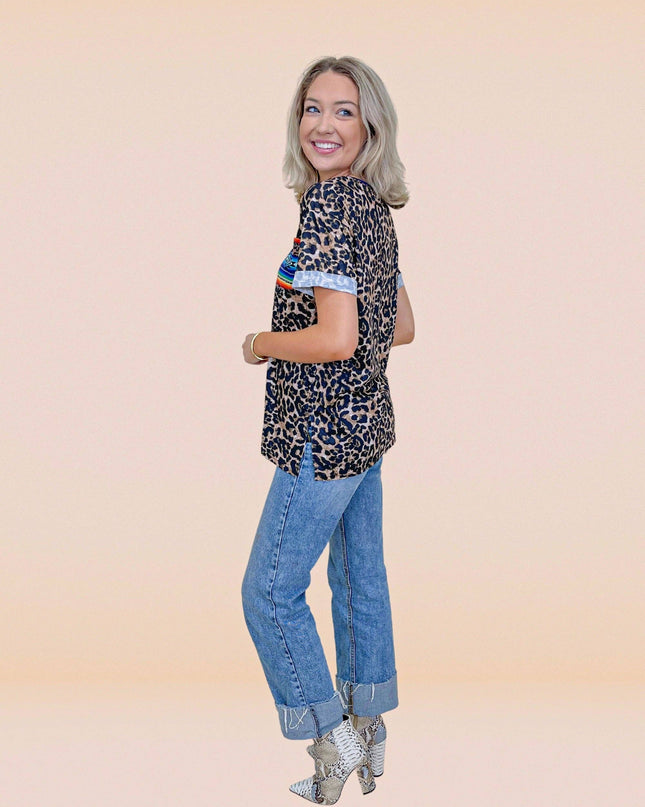 Leopard Top with Serape Pocket