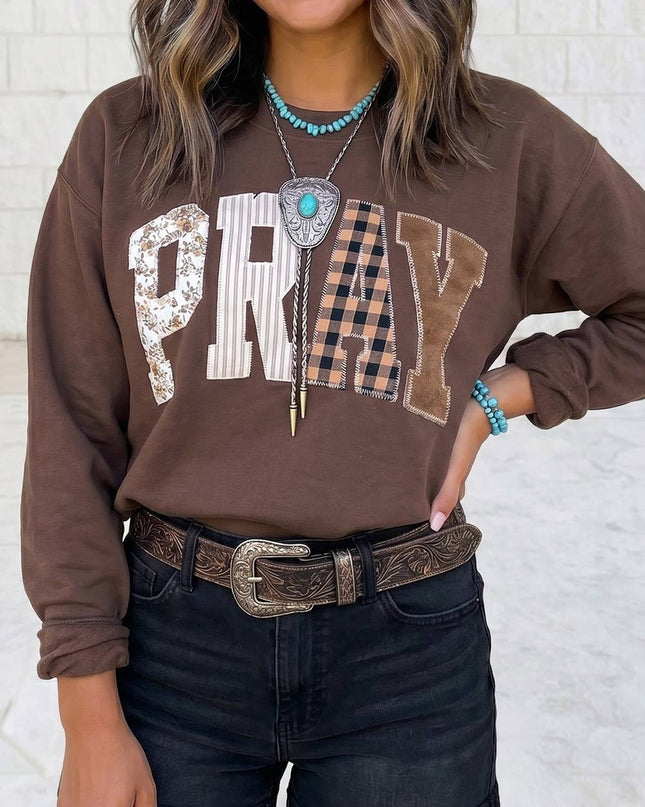PRAY Letter Embroidered Western Pullover Sweatshirt S-4X