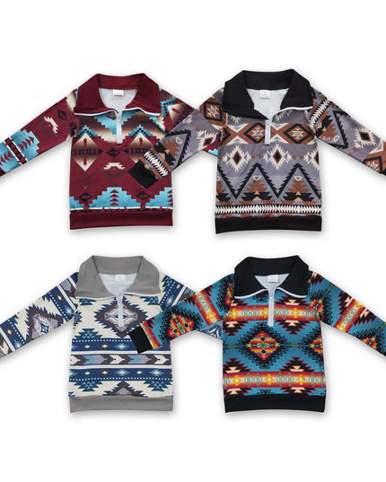 Long sleeves kids boys zipper aztec western pullover