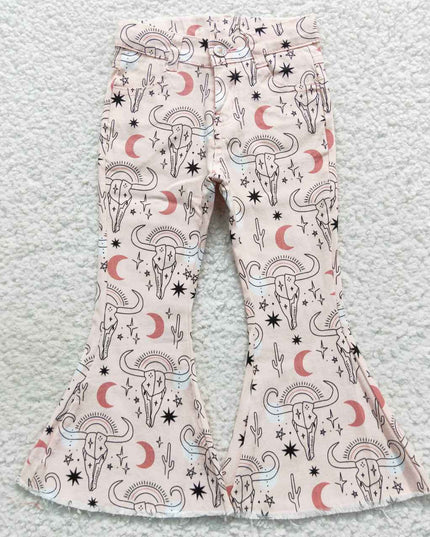 pink bow Baby Girls Western Bell Bottom Denim Jeans Pants