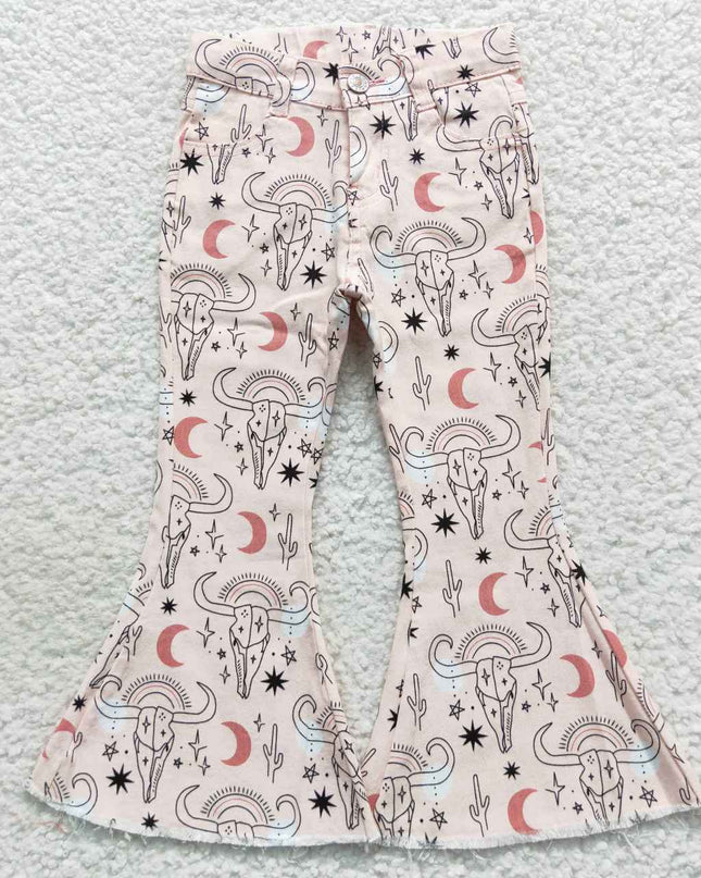 pink bow Baby Girls Western Bell Bottom Denim Jeans Pants