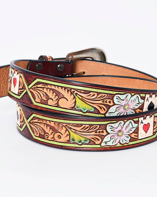 LC-ADBLF156 Tooled Leather Belt - Poker Card Floral Design with Hand-Painted Accents