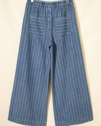 Stripe Button Pleated Drawstring Waist Casual Wide Leg Jeans