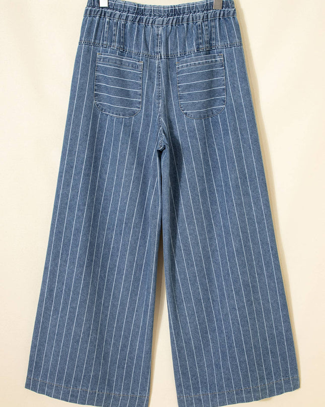 Stripe Button Pleated Drawstring Waist Casual Wide Leg Jeans