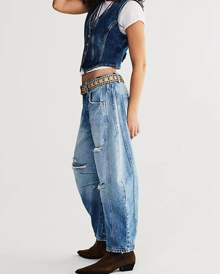 Ladies Mid Rise Wide Leg Barrel Jeans SKP522