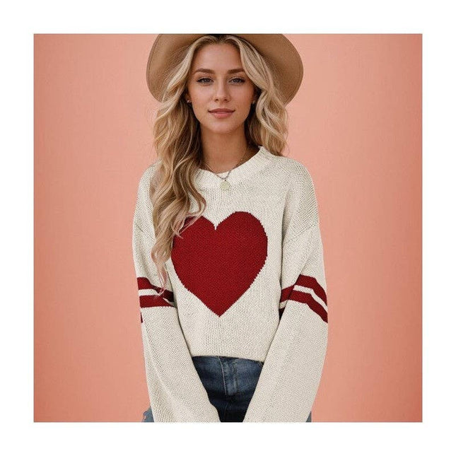 Loose-Fitting Color-Block Love Heart Round Neck Sweater