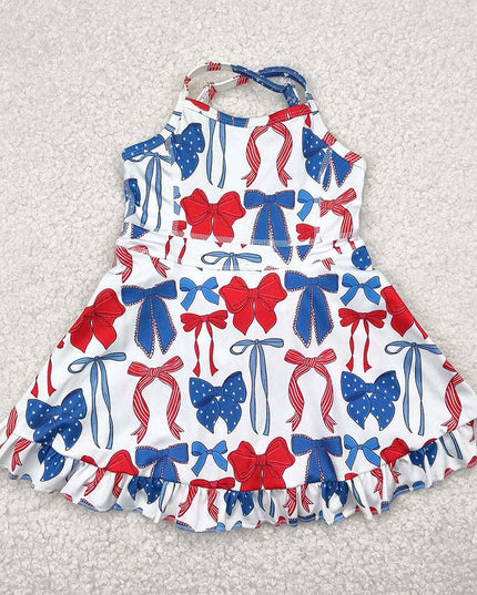 Baby Girls Strap Blue Red Bows 4th Of July Yoga Active Knee Length Dresses