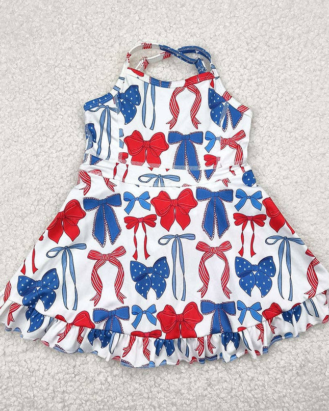 Baby Girls Strap Blue Red Bows 4th Of July Yoga Active Knee Length Dresses