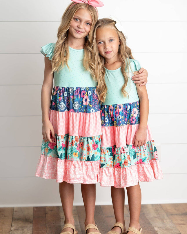 Girls Ava Mint Pink Spring Summer Easter Floral Tiered Dress
