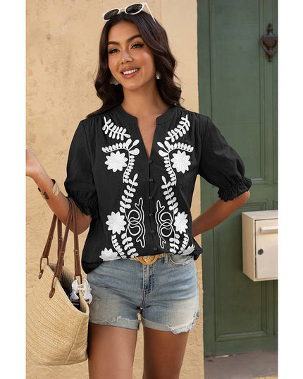 V Neck Boho Puff Short Sleeve Button Down Shirt