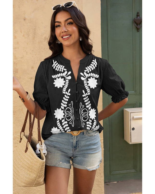 V Neck Boho Puff Short Sleeve Button Down Shirt