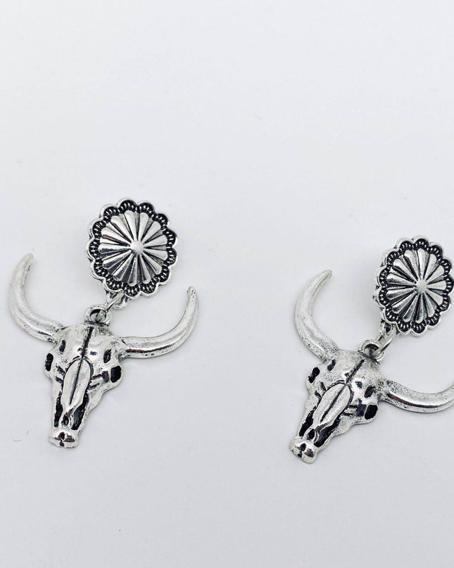 Western Style Metal Skull Bull Head Pendant Earring - WJ