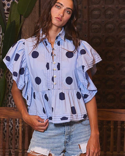 IT2337 Ruffle Sleeves Pintuck Detail Polka Dot Print top