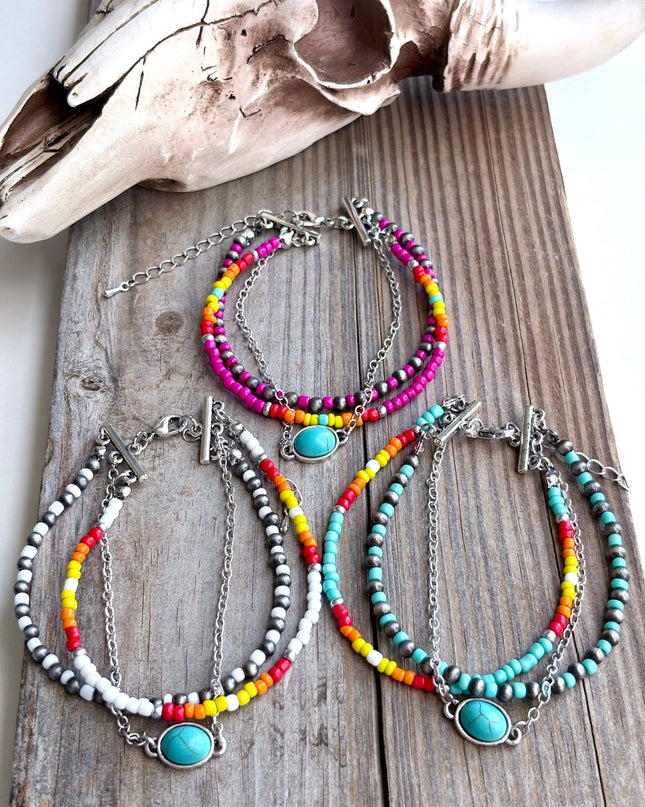 3 Layered Navajo Style Pearl Bead & Stone Concho Bracelet