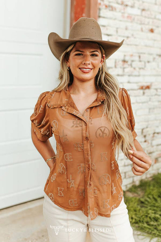 Brown Cattle Brand Burnout Collared Button Down Shirt