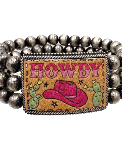 Leather Pink Cowboy Hat Navajo Layered Bead Stretch Bracelet