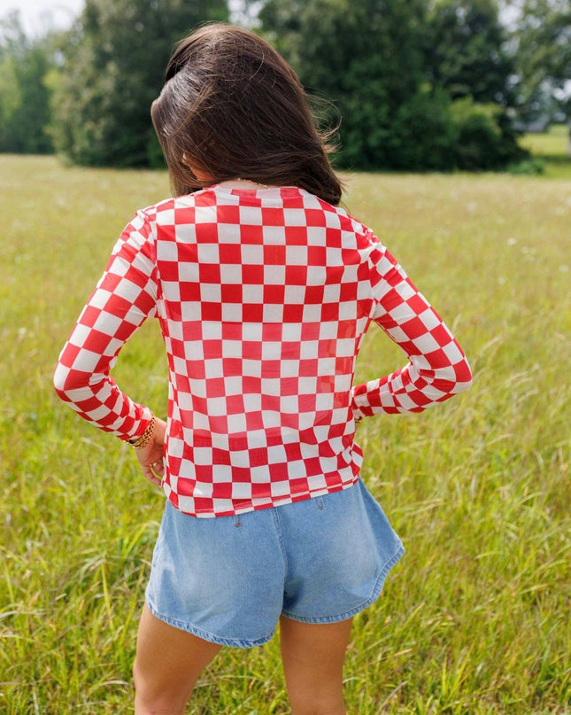 Red Checkerboard Mesh Top