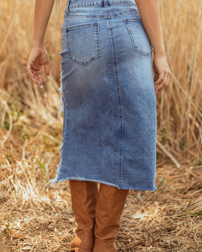 LALALOO Denim Distressed Midi Skirt