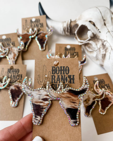 Western Cowhide Bling Steer Longhorn Earrings