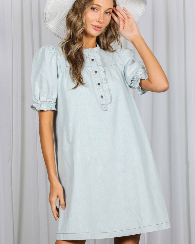 Ruffled Button Placket Accent 100%Cotton Knee Dress VD60753A