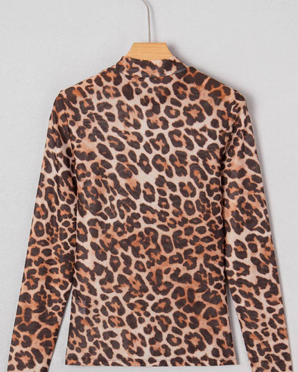 Brown Leopard Mock Neck Long Sleeve Mesh Top