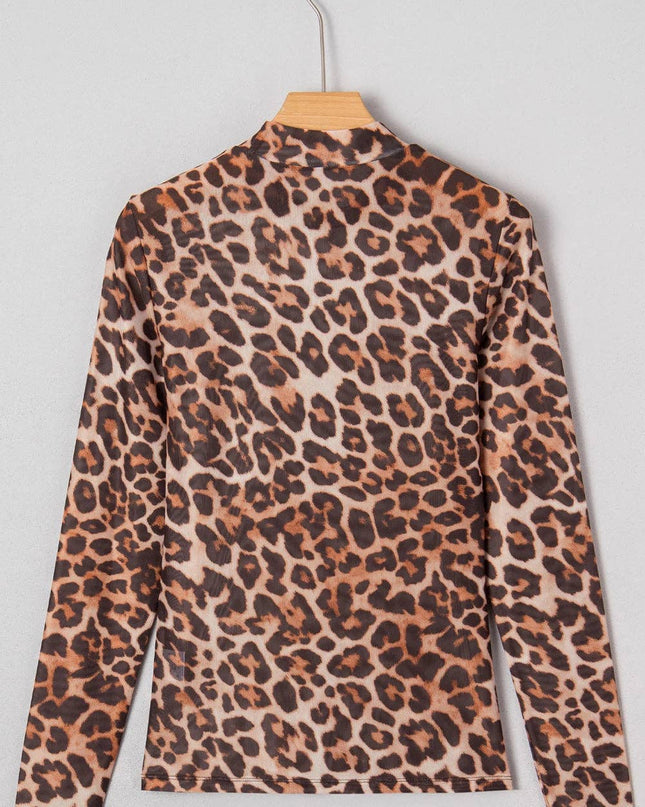 Brown Leopard Mock Neck Long Sleeve Mesh Top